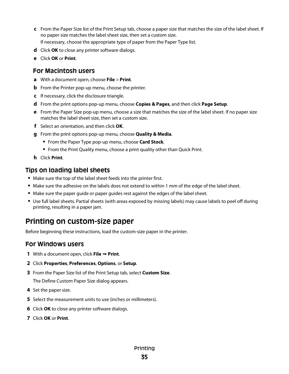 Printing on custom-size paper | Lexmark 30E User Manual | Page 35 / 144