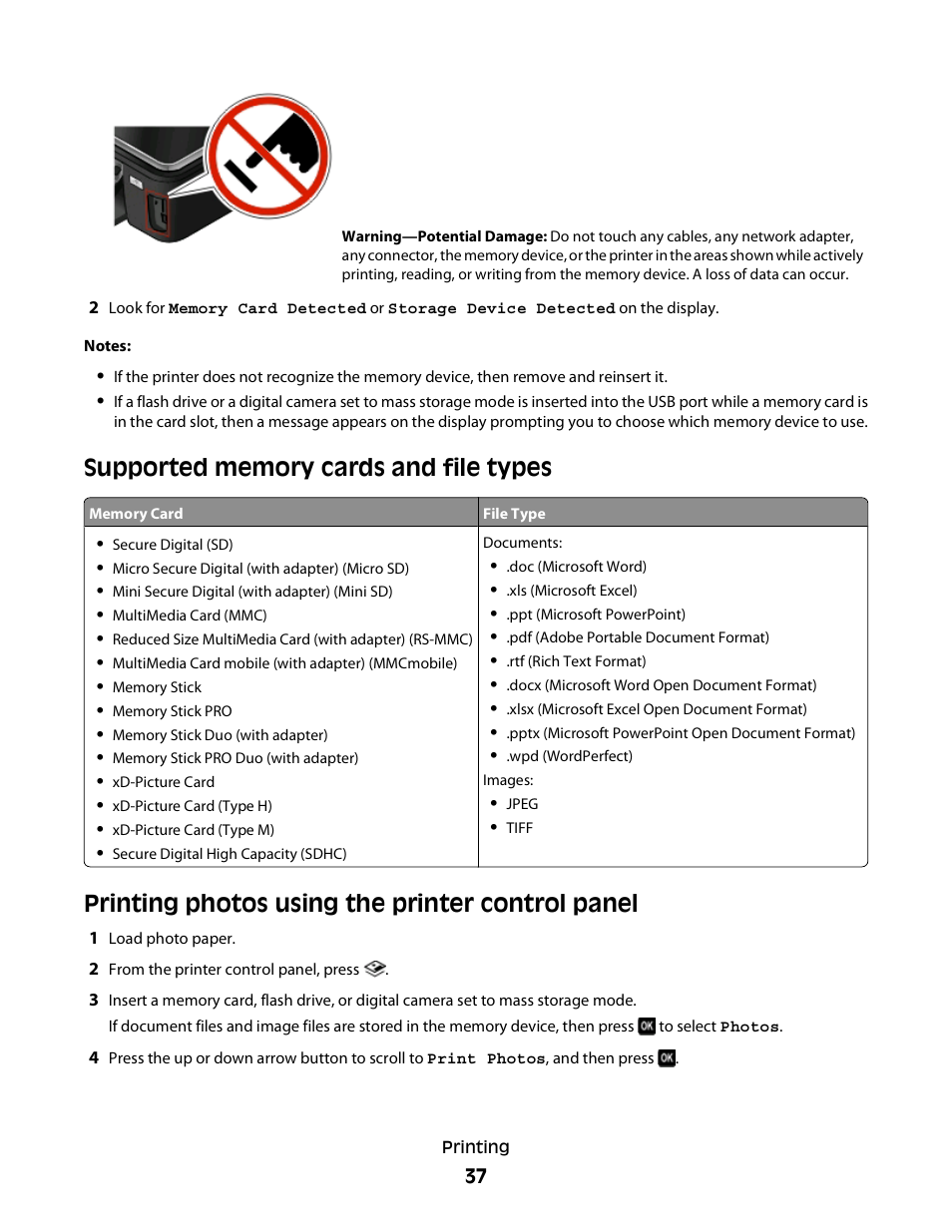 Supported memory cards and file types, Printing photos using the printer control panel | Lexmark 30E User Manual | Page 37 / 144