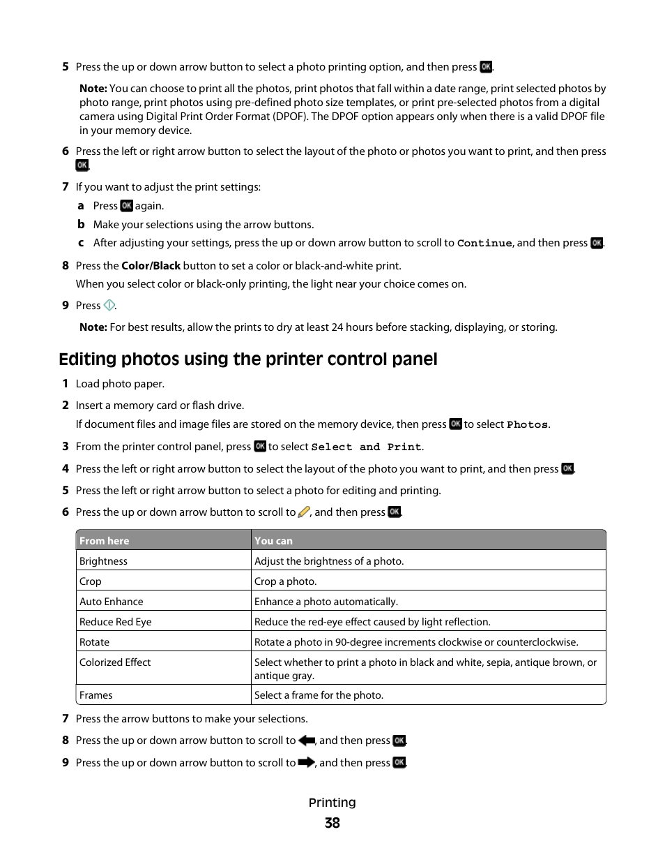 Editing photos using the printer control panel | Lexmark 30E User Manual | Page 38 / 144