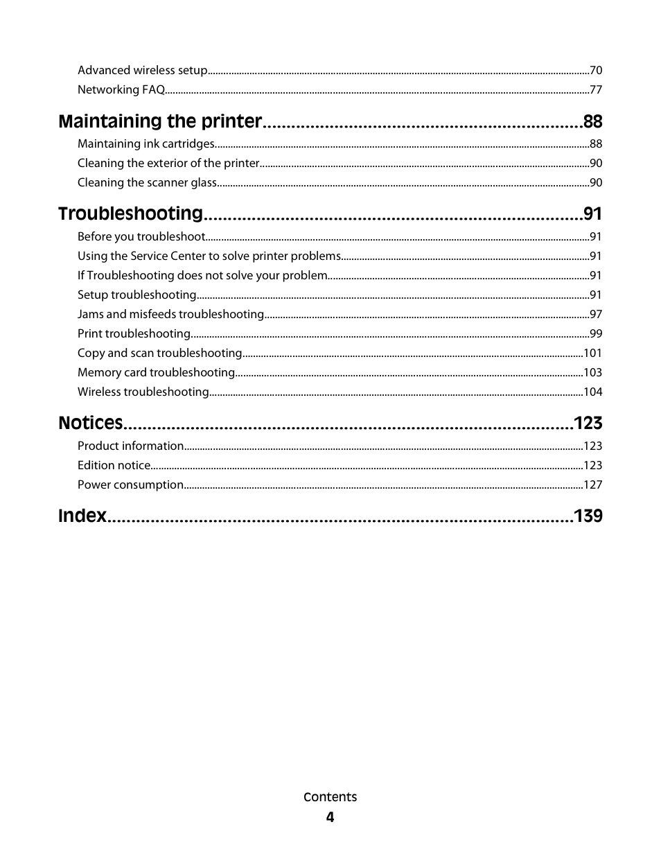 Maintaining the printer, Troubleshooting, Notices | Index | Lexmark 30E User Manual | Page 4 / 144