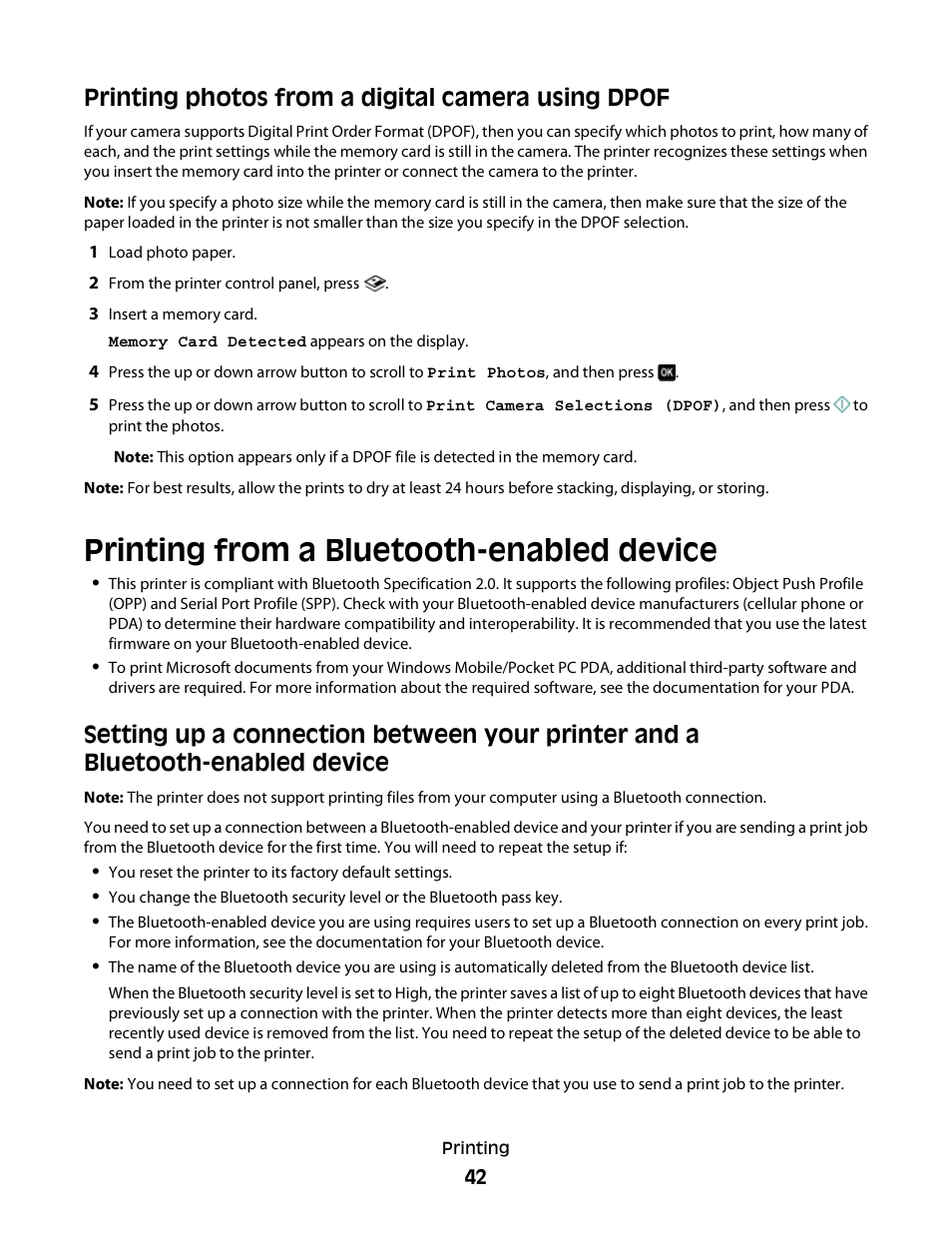 Printing photos from a digital camera using dpof, Printing from a bluetooth-enabled device | Lexmark 30E User Manual | Page 42 / 144