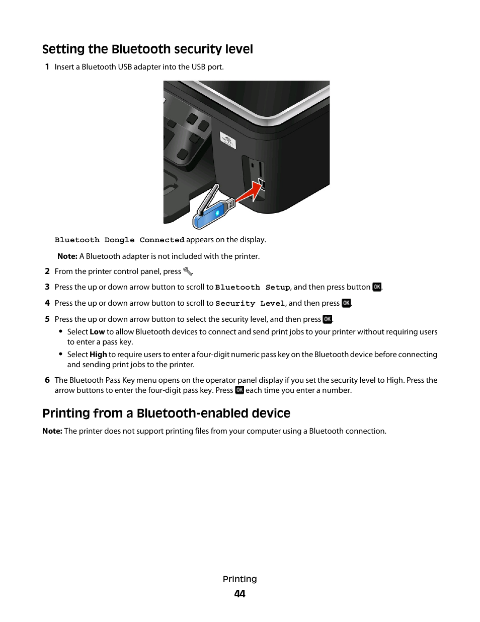 Setting the bluetooth security level, Printing from a bluetooth-enabled device | Lexmark 30E User Manual | Page 44 / 144