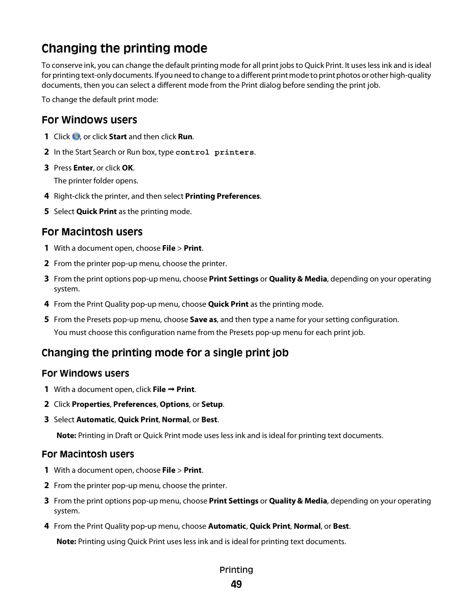 Changing the printing mode | Lexmark 30E User Manual | Page 49 / 144