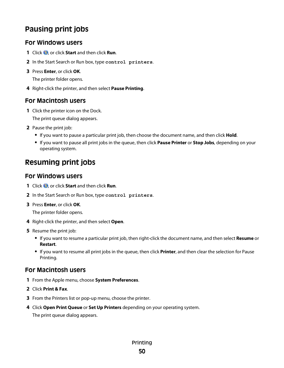 Pausing print jobs, Resuming print jobs | Lexmark 30E User Manual | Page 50 / 144