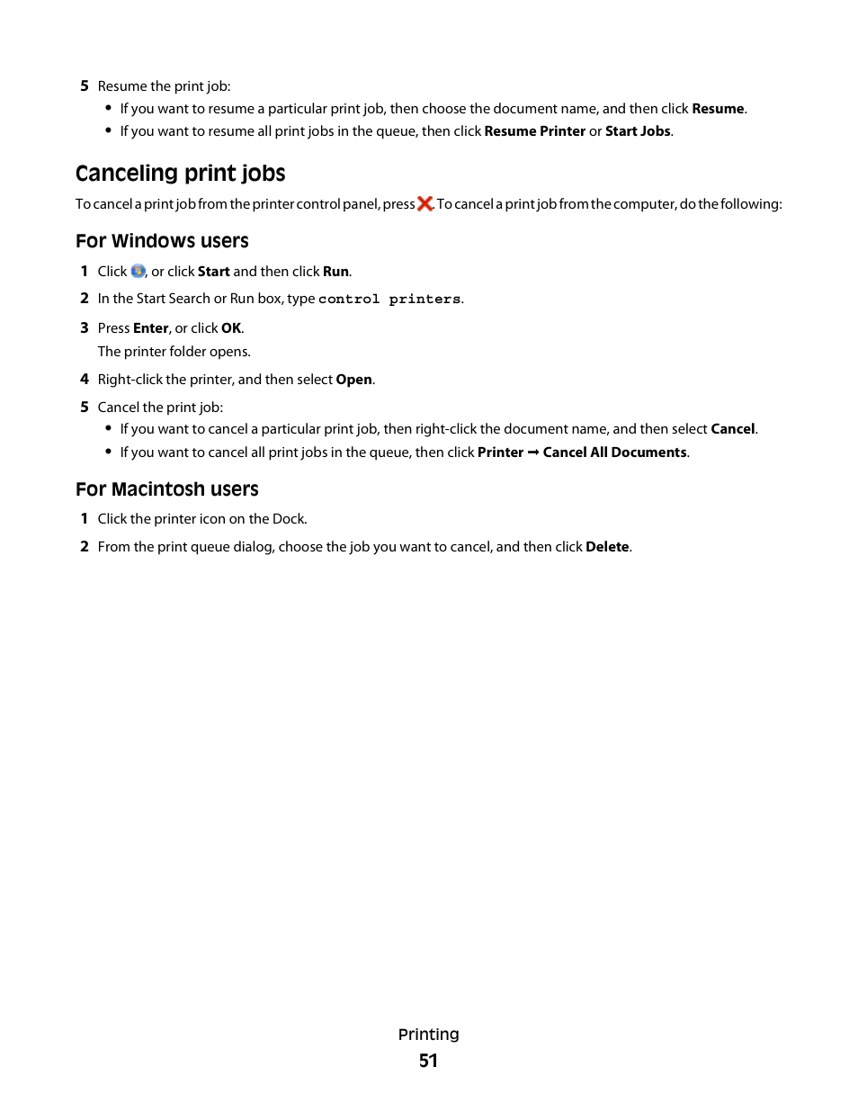 Canceling print jobs | Lexmark 30E User Manual | Page 51 / 144