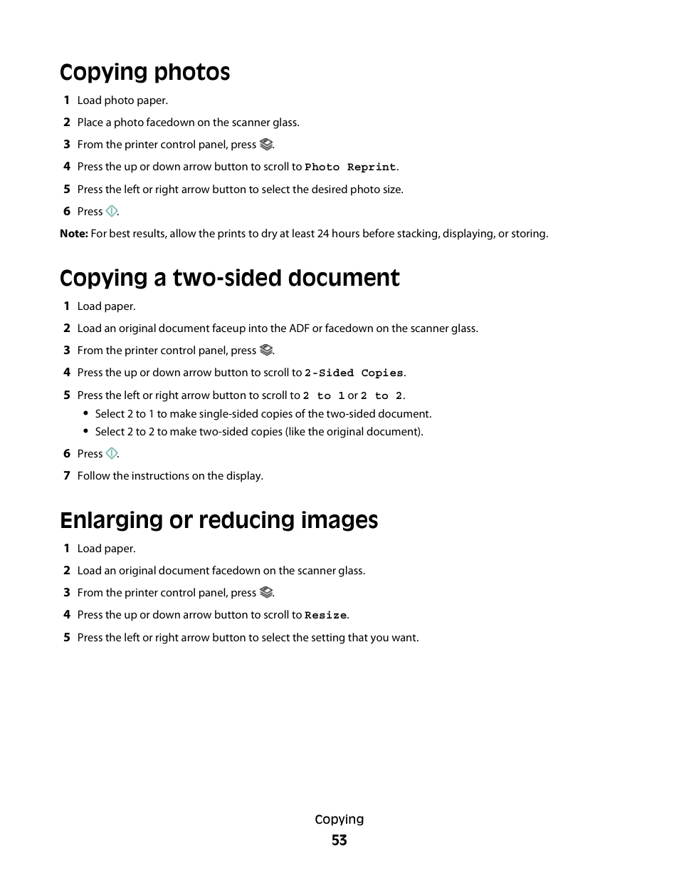 Copying photos, Copying a two-sided document, Enlarging or reducing images | Lexmark 30E User Manual | Page 53 / 144