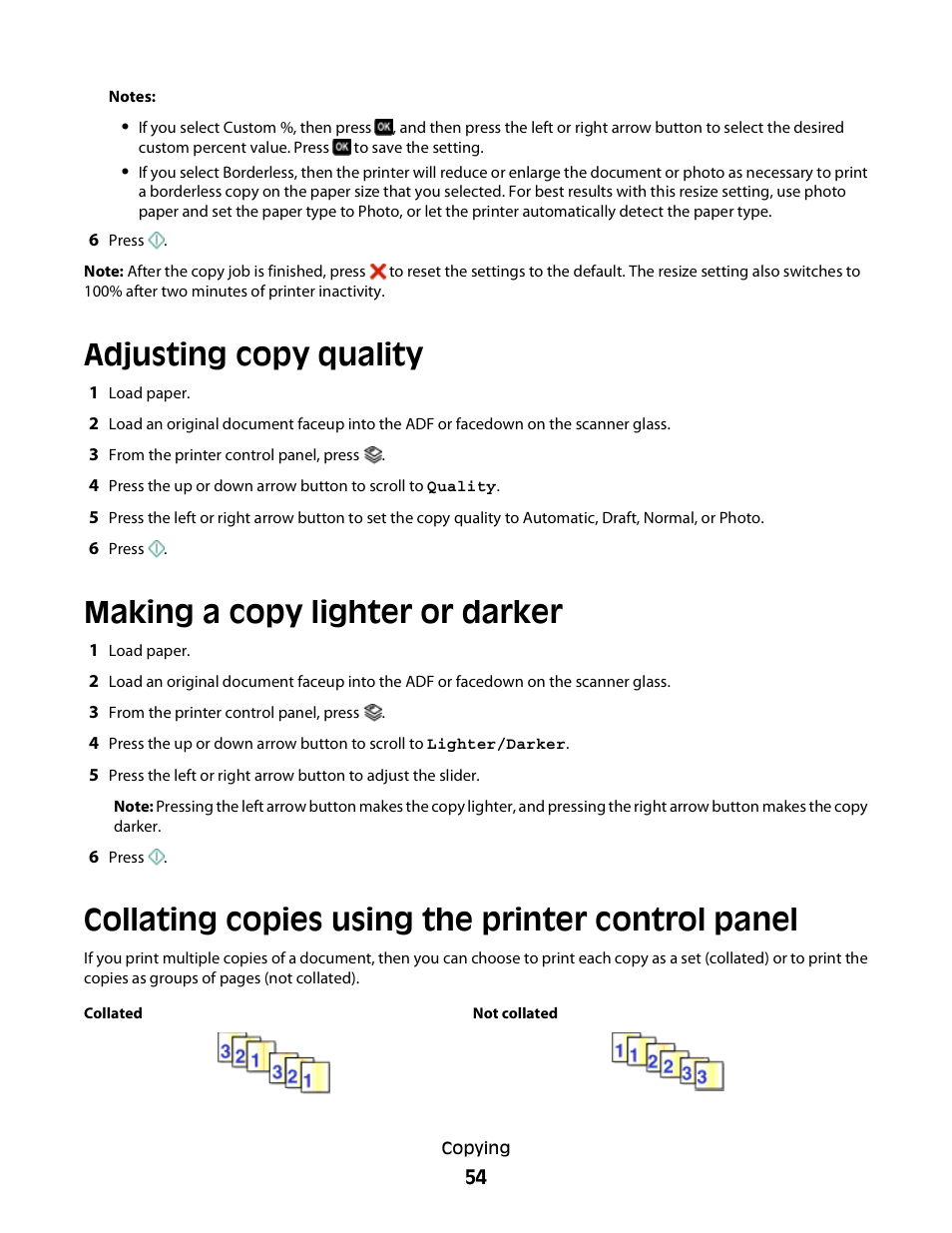 Adjusting copy quality, Making a copy lighter or darker, Collating copies using the printer control panel | Lexmark 30E User Manual | Page 54 / 144