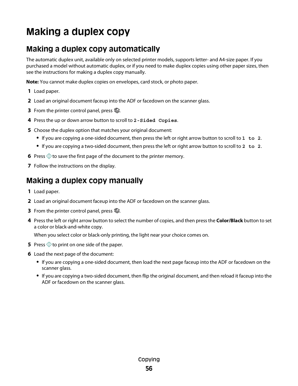 Making a duplex copy, Making a duplex copy automatically, Making a duplex copy manually | Lexmark 30E User Manual | Page 56 / 144