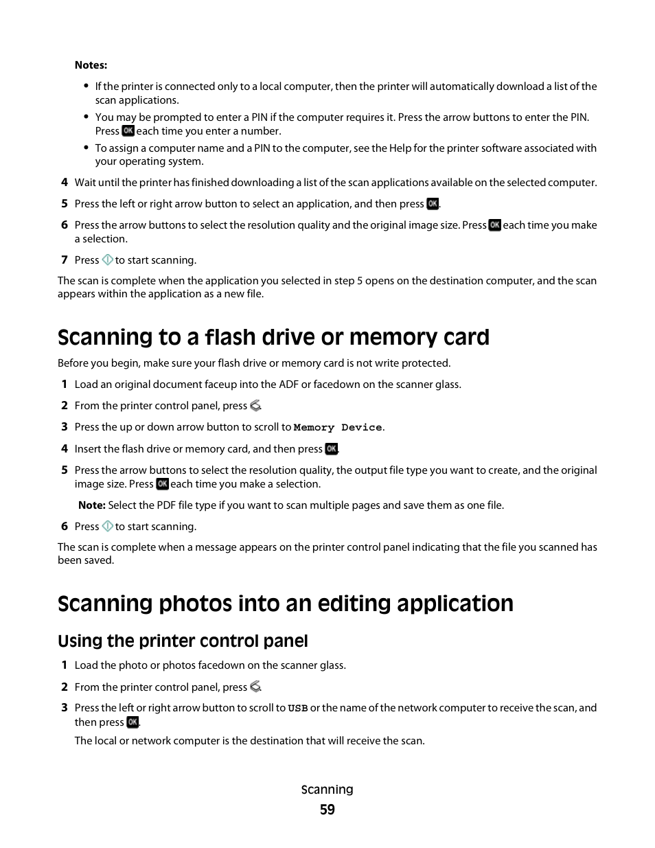 Scanning to a flash drive or memory card, Scanning photos into an editing application, Using the printer control panel | Lexmark 30E User Manual | Page 59 / 144