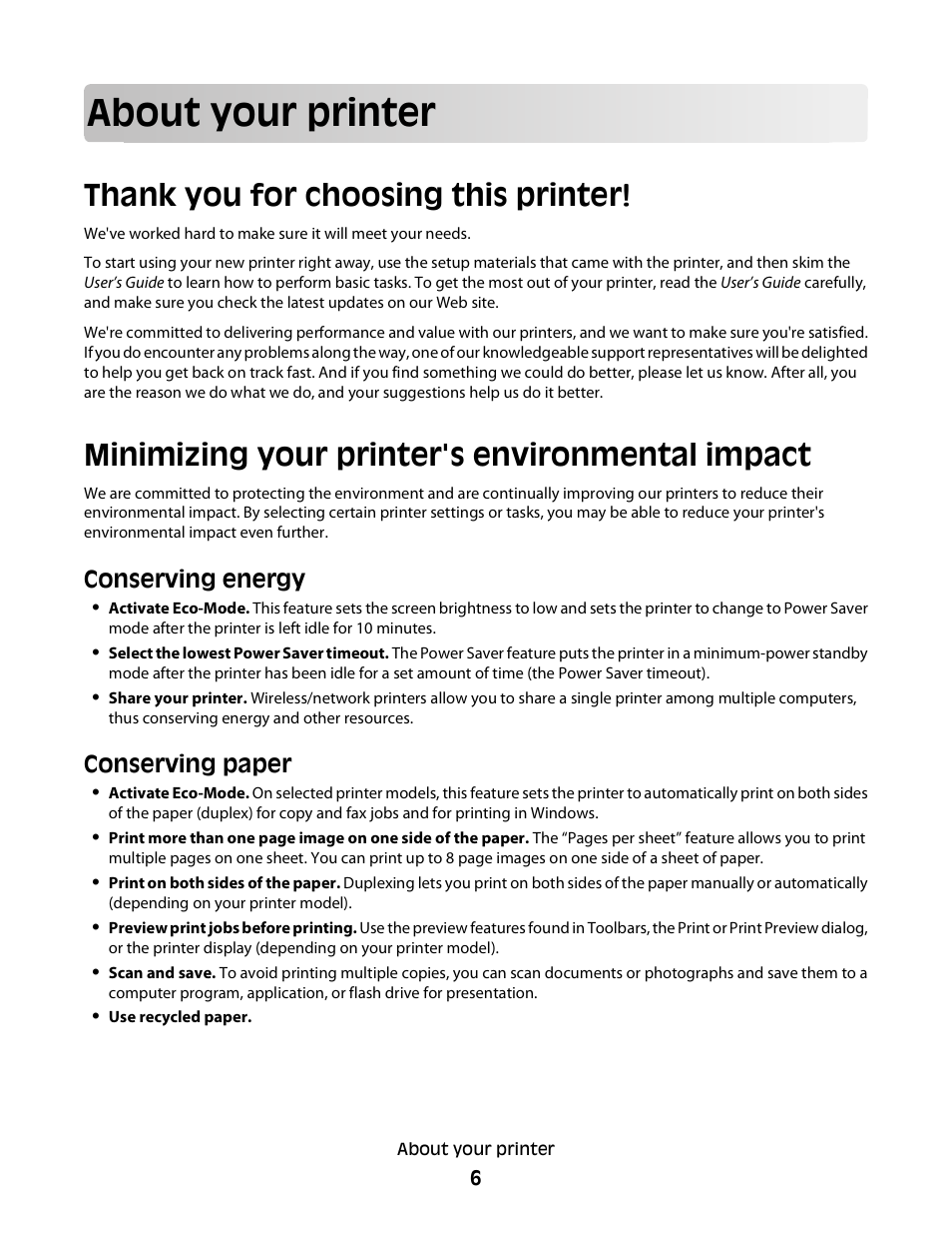 About your printer, Thank you for choosing this printer, Minimizing your printer's environmental impact | Conserving energy, Conserving paper | Lexmark 30E User Manual | Page 6 / 144