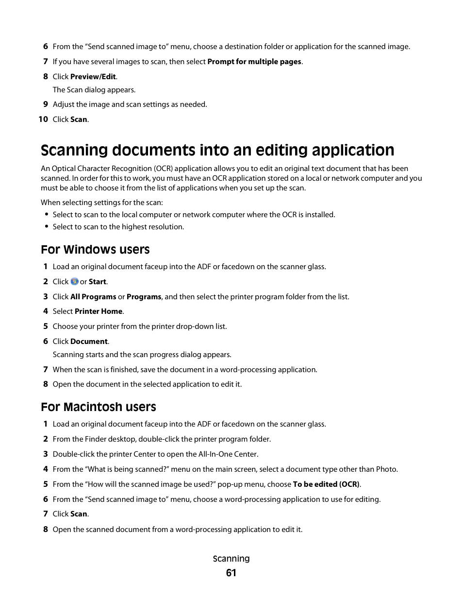 Scanning documents into an editing application, For windows users, For macintosh users | Lexmark 30E User Manual | Page 61 / 144