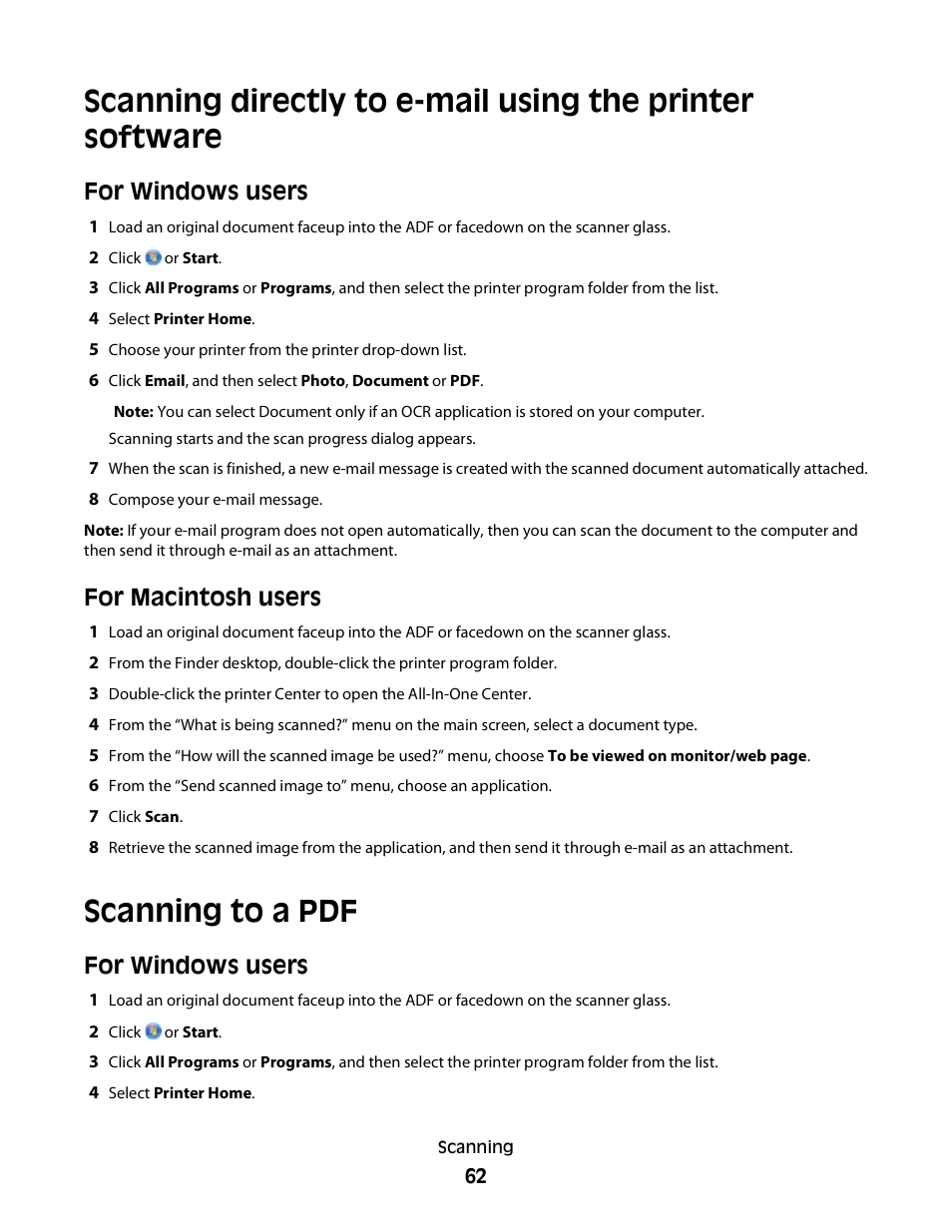 Scanning to a pdf, For windows users, For macintosh users | Lexmark 30E User Manual | Page 62 / 144