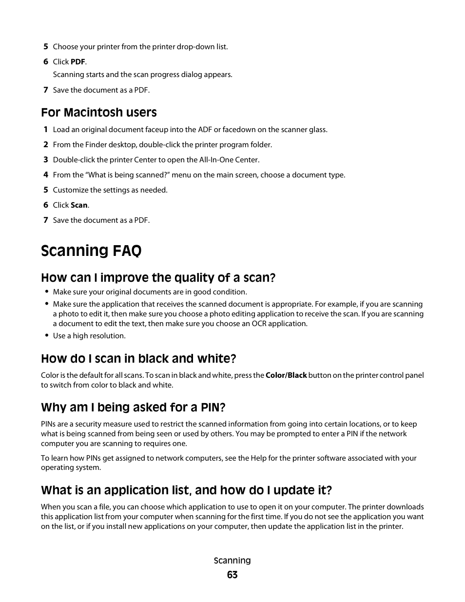 Scanning faq, How can i improve the quality of a scan, How do i scan in black and white | Why am i being asked for a pin, For macintosh users | Lexmark 30E User Manual | Page 63 / 144