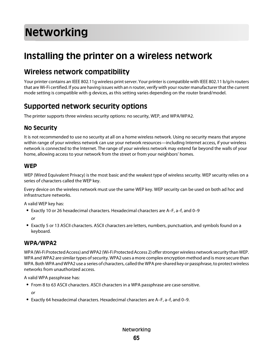 Networking, Installing the printer on a wireless network, Wireless network compatibility | Supported network security options | Lexmark 30E User Manual | Page 65 / 144