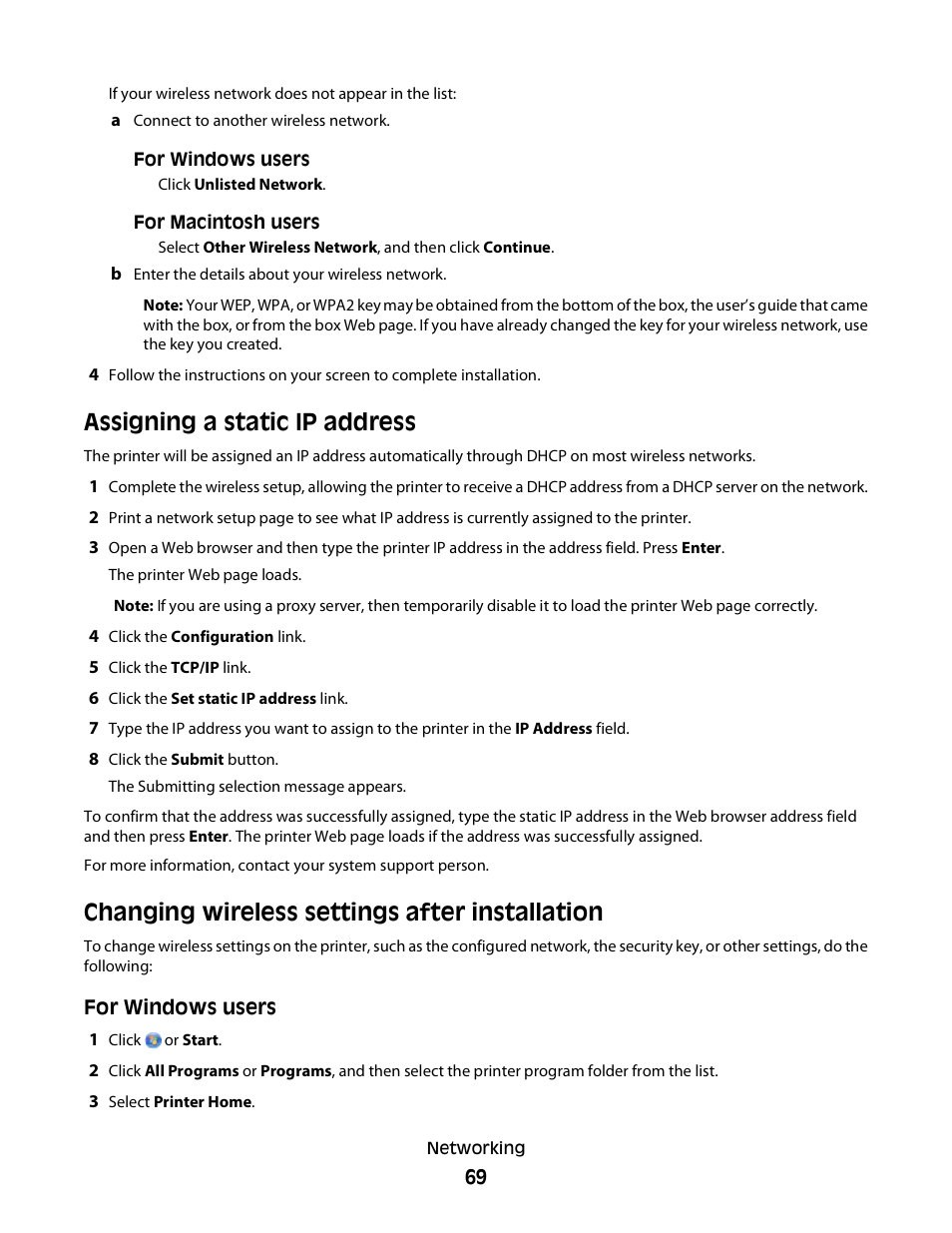 Assigning a static ip address, Changing wireless settings after installation | Lexmark 30E User Manual | Page 69 / 144