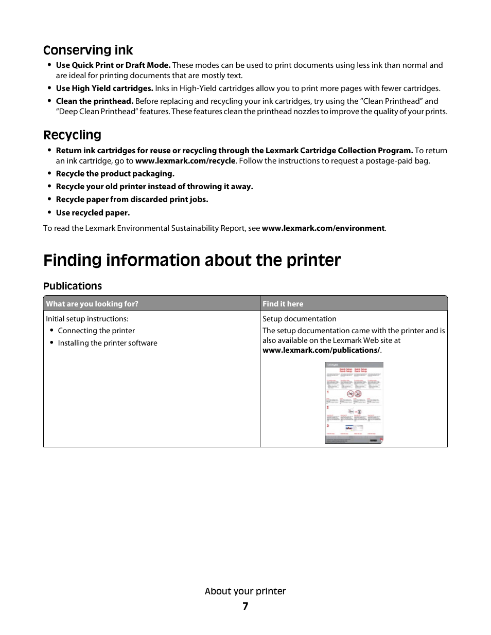 Finding information about the printer, Conserving ink, Recycling | Lexmark 30E User Manual | Page 7 / 144