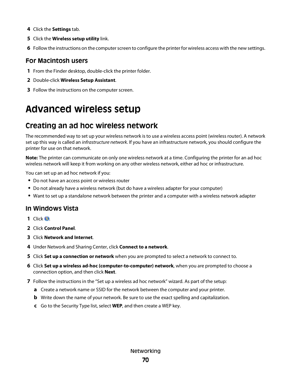 Advanced wireless setup, Creating an ad hoc wireless network | Lexmark 30E User Manual | Page 70 / 144