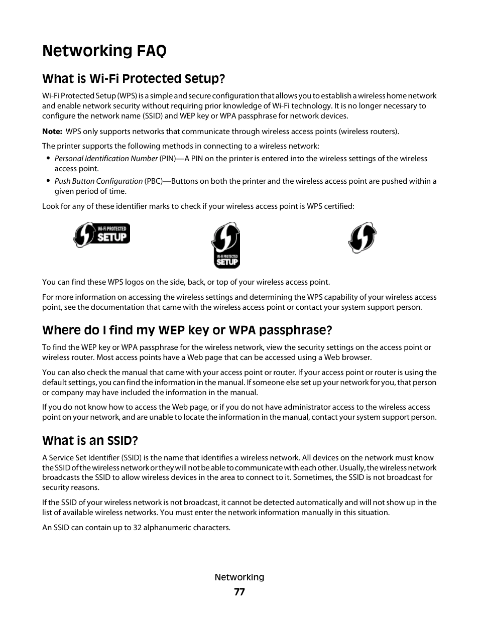 Networking faq, What is wi-fi protected setup, Where do i find my wep key or wpa passphrase | What is an ssid | Lexmark 30E User Manual | Page 77 / 144