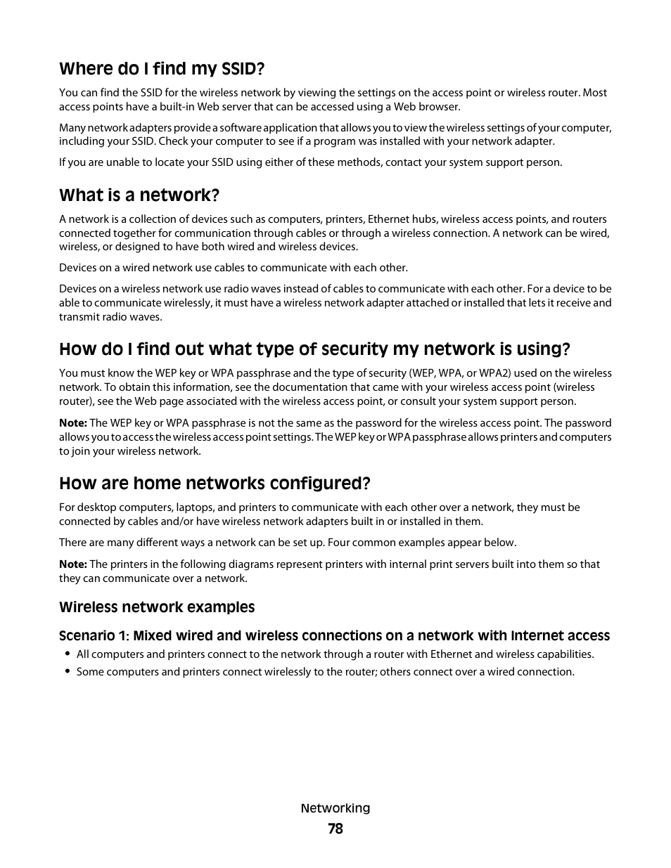 Where do i find my ssid, What is a network, How are home networks configured | Lexmark 30E User Manual | Page 78 / 144
