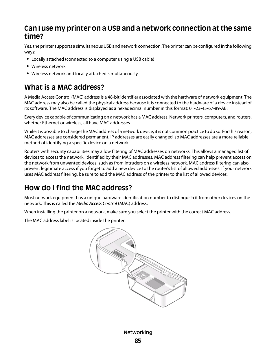 What is a mac address, How do i find the mac address | Lexmark 30E User Manual | Page 85 / 144