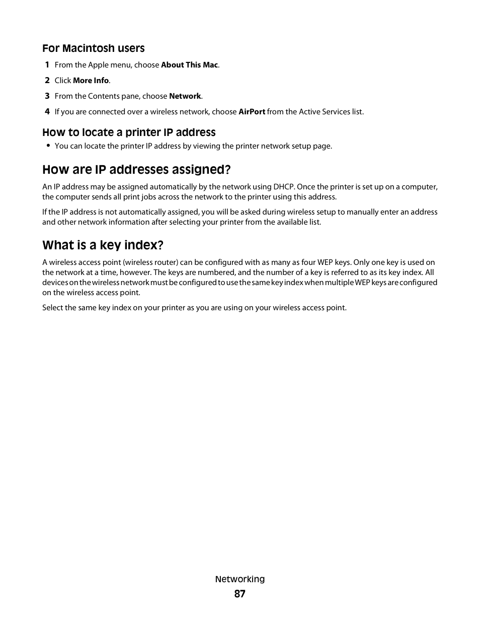 How are ip addresses assigned, What is a key index | Lexmark 30E User Manual | Page 87 / 144