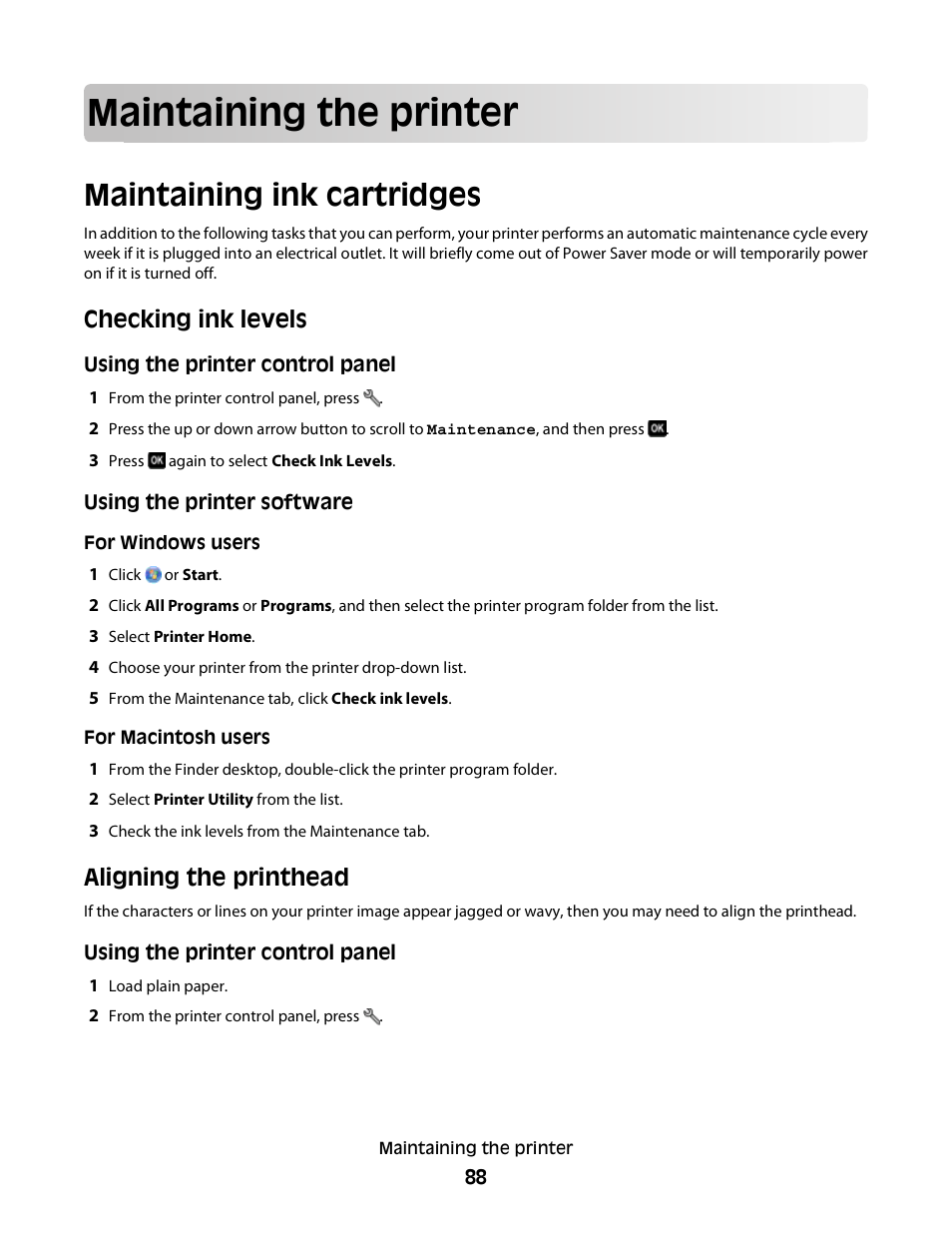 Maintaining the printer, Maintaining ink cartridges, Checking ink levels | Aligning the printhead | Lexmark 30E User Manual | Page 88 / 144