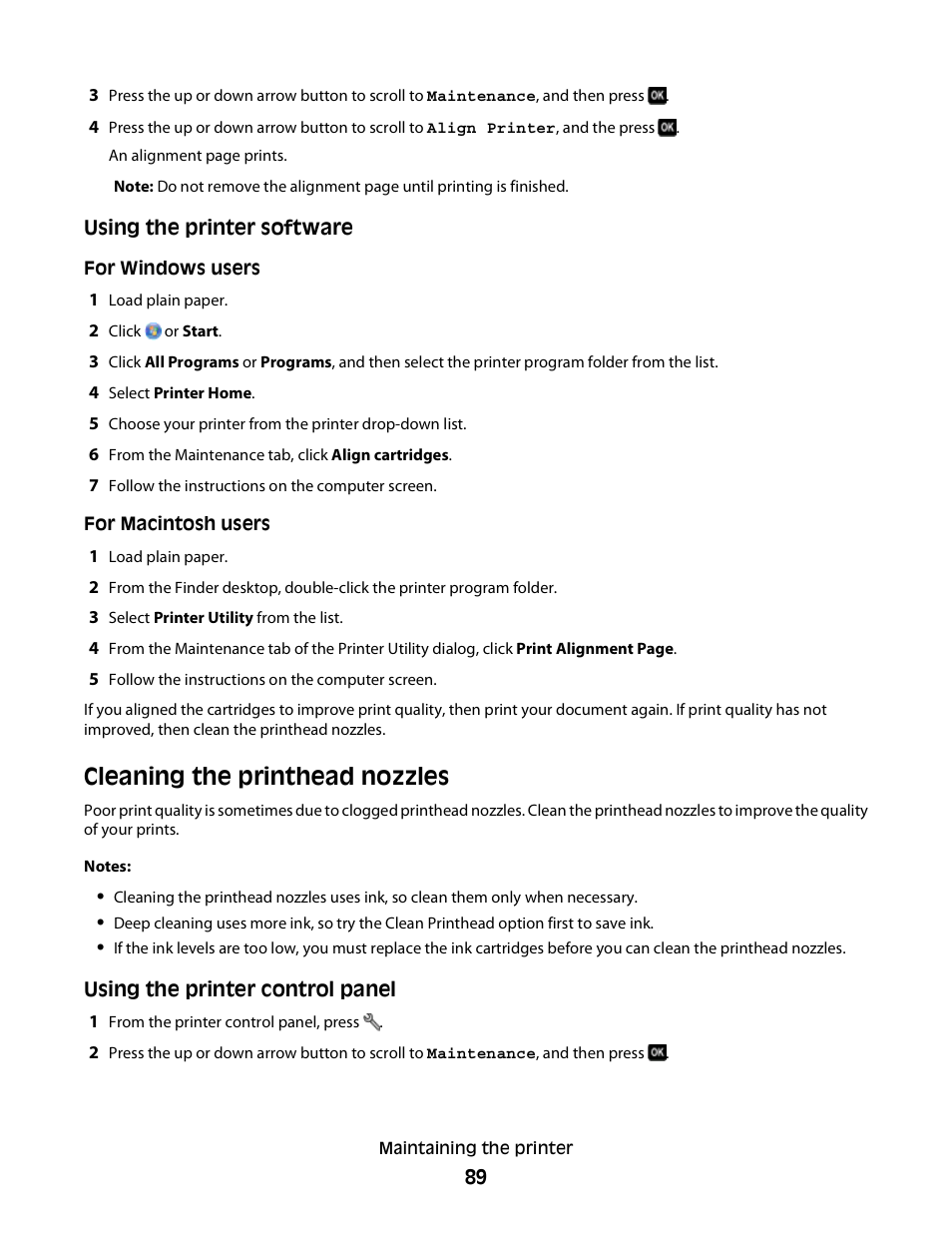 Cleaning the printhead nozzles | Lexmark 30E User Manual | Page 89 / 144
