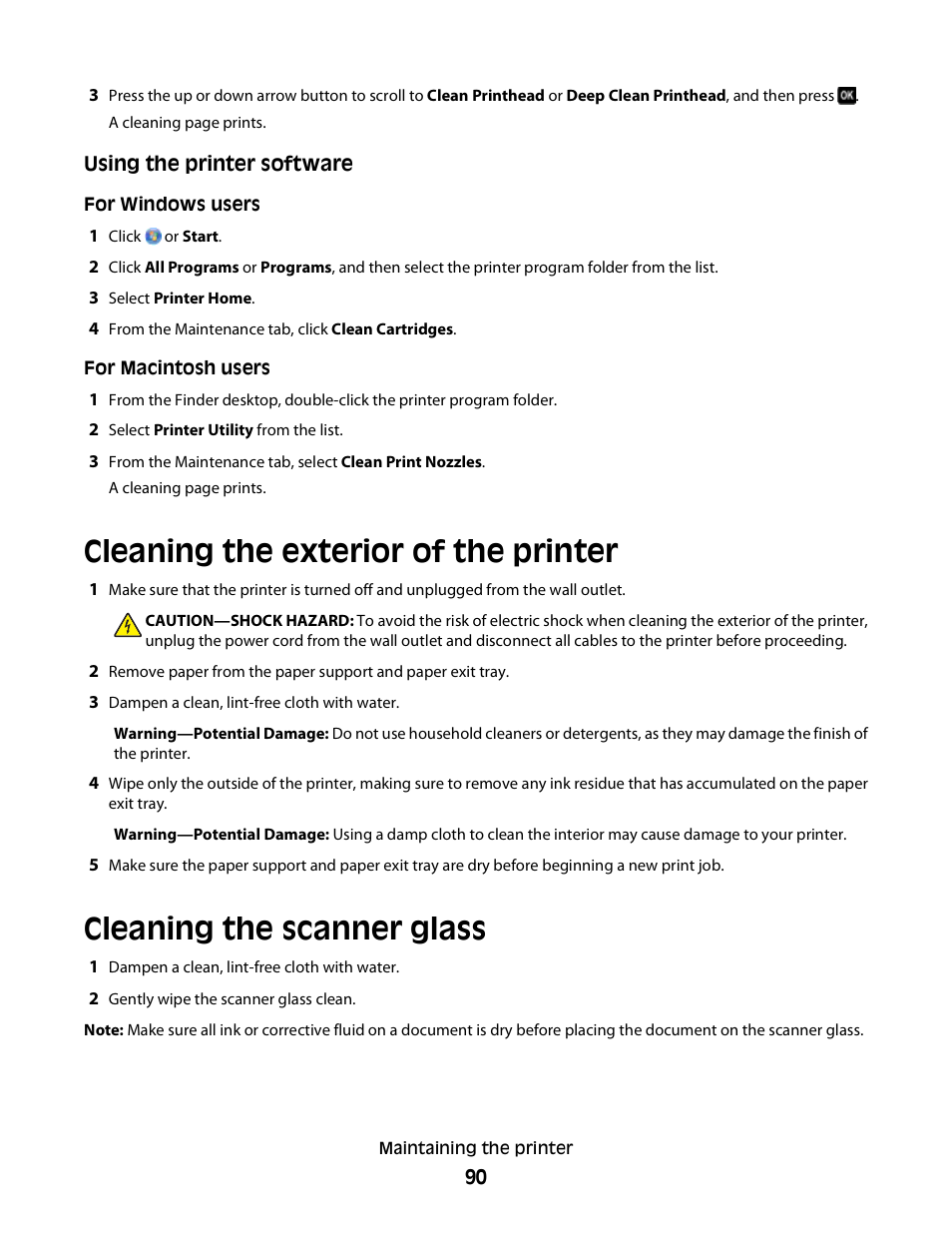 Cleaning the exterior of the printer, Cleaning the scanner glass | Lexmark 30E User Manual | Page 90 / 144