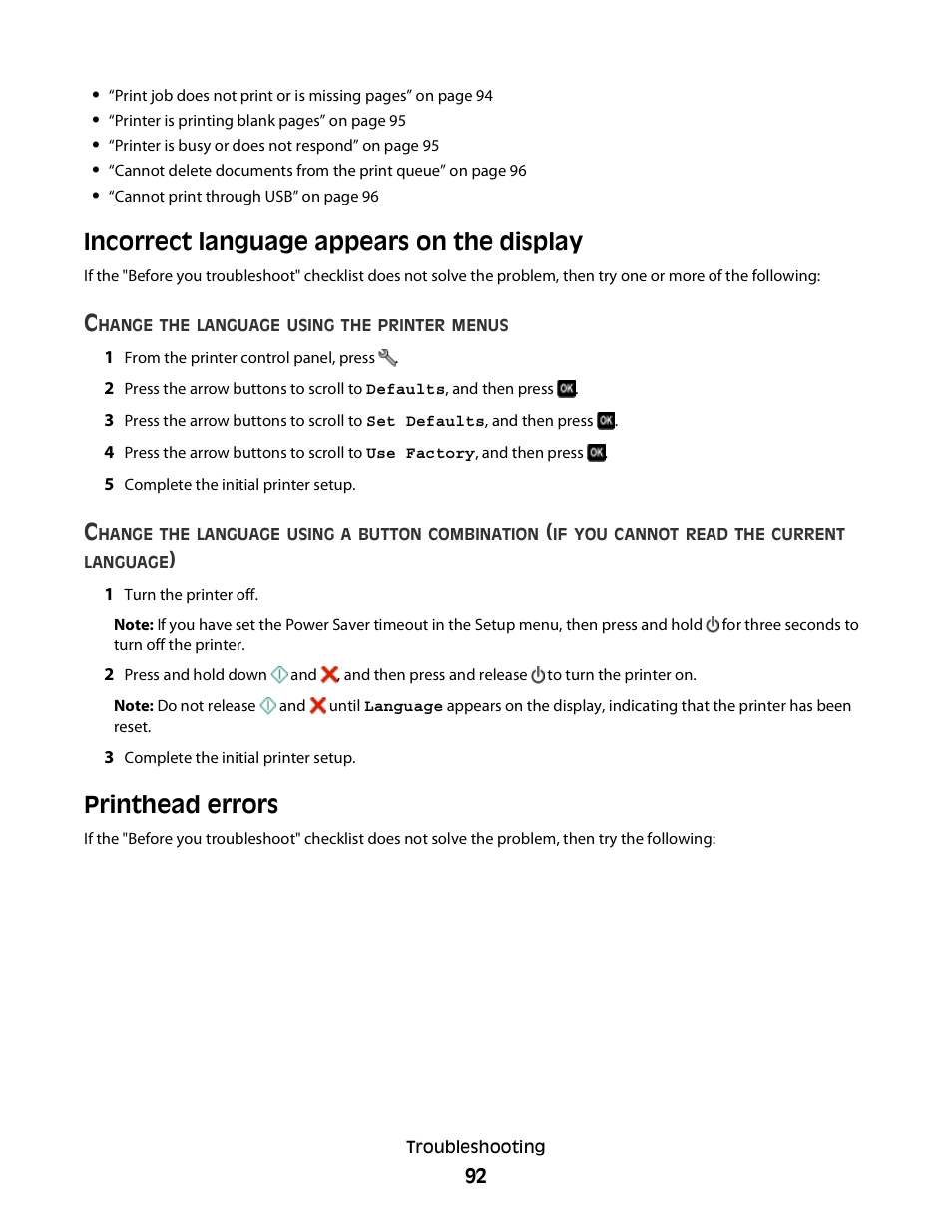 Incorrect language appears on the display, Printhead errors | Lexmark 30E User Manual | Page 92 / 144