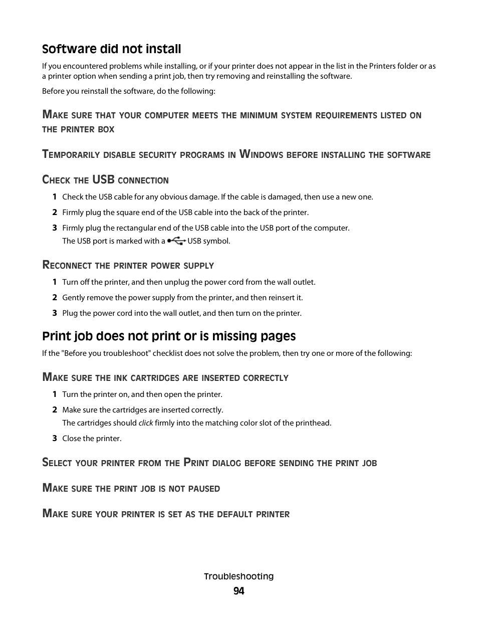 Software did not install, Print job does not print or is missing pages | Lexmark 30E User Manual | Page 94 / 144