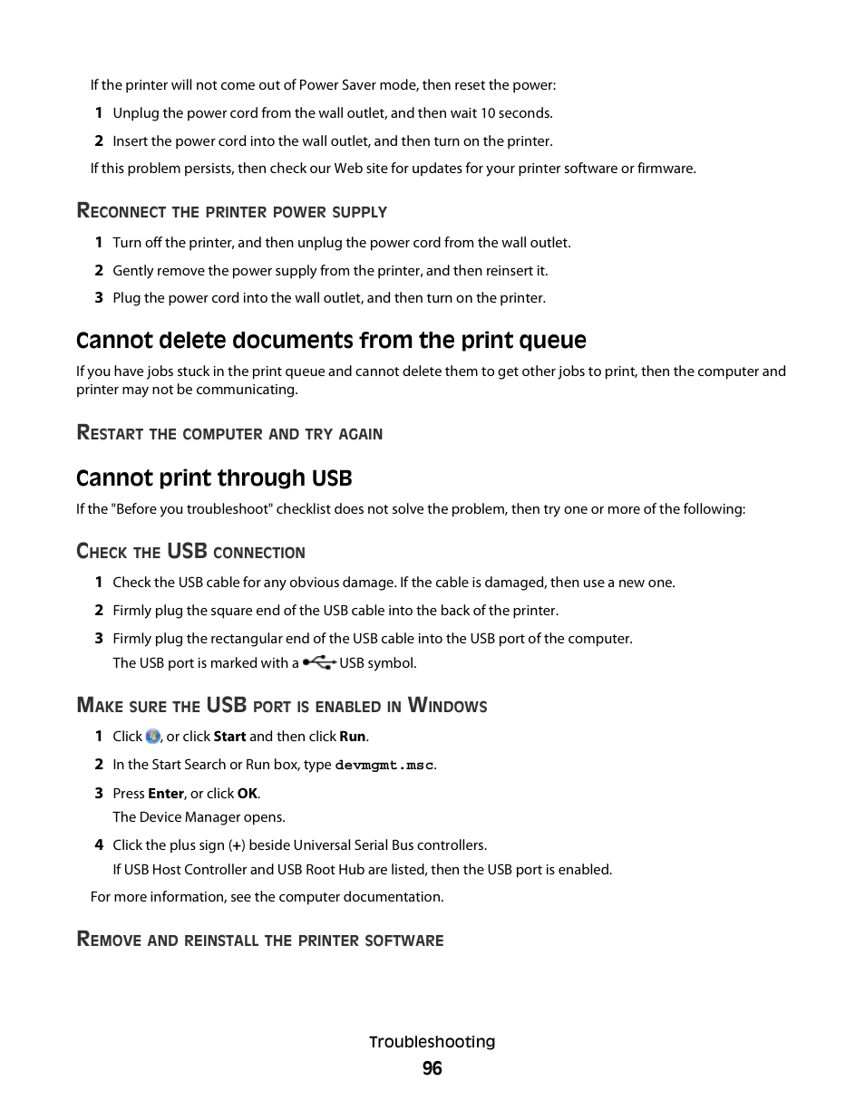 Cannot delete documents from the print queue, Cannot print through usb | Lexmark 30E User Manual | Page 96 / 144