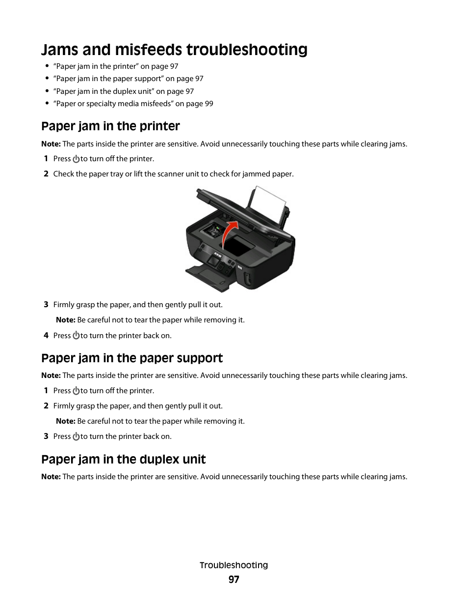 Jams and misfeeds troubleshooting, Paper jam in the printer, Paper jam in the paper support | Paper jam in the duplex unit | Lexmark 30E User Manual | Page 97 / 144