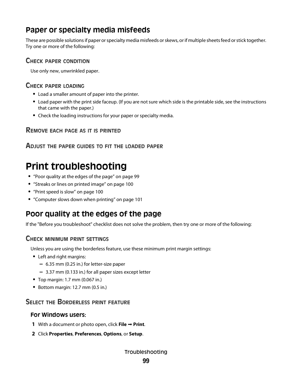 Paper or specialty media misfeeds, Print troubleshooting, Poor quality at the edges of the page | Lexmark 30E User Manual | Page 99 / 144
