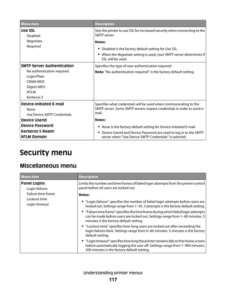 Security menu, Miscellaneous menu | Lexmark 280 User Manual | Page 117 / 217
