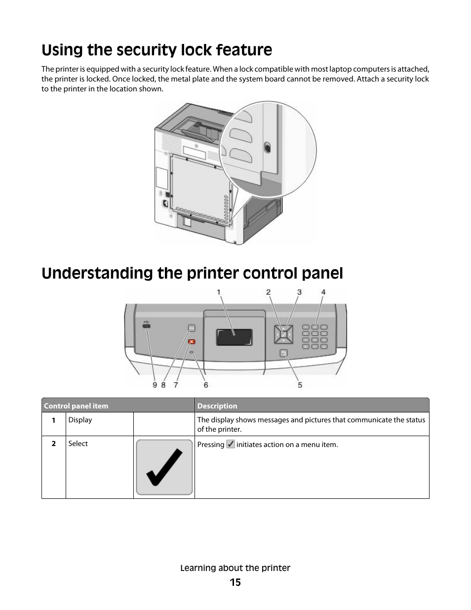 Using the security lock feature, Understanding the printer control panel | Lexmark 280 User Manual | Page 15 / 217