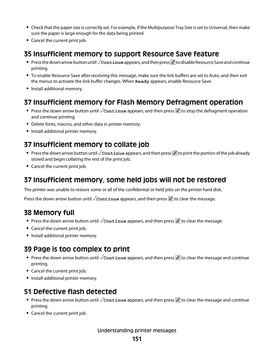37 insufficient memory to collate job, 38 memory full, 51 defective flash detected | 39 page is too complex to print | Lexmark 280 User Manual | Page 151 / 217