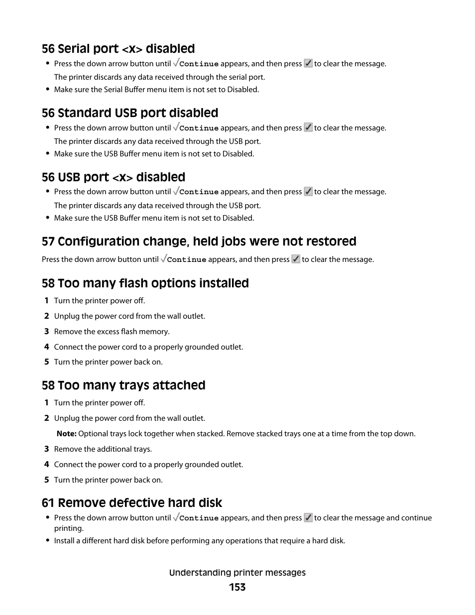 56 serial port <x> disabled, 56 standard usb port disabled, 56 usb port <x> disabled | 58 too many flash options installed, 58 too many trays attached, 61 remove defective hard disk | Lexmark 280 User Manual | Page 153 / 217