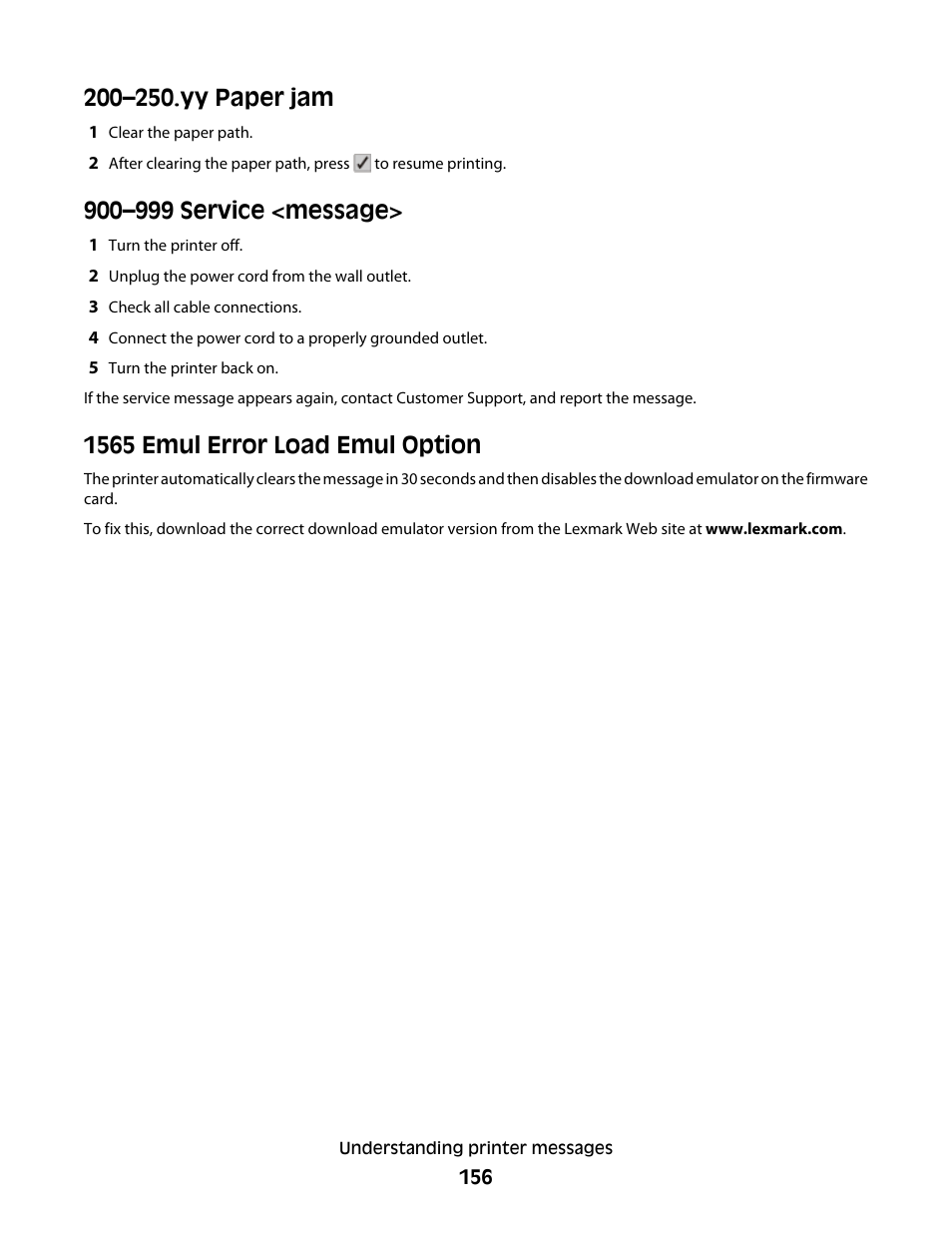 200–250.yy paper jam, 900–999 service <message, 1565 emul error load emul option | Lexmark 280 User Manual | Page 156 / 217