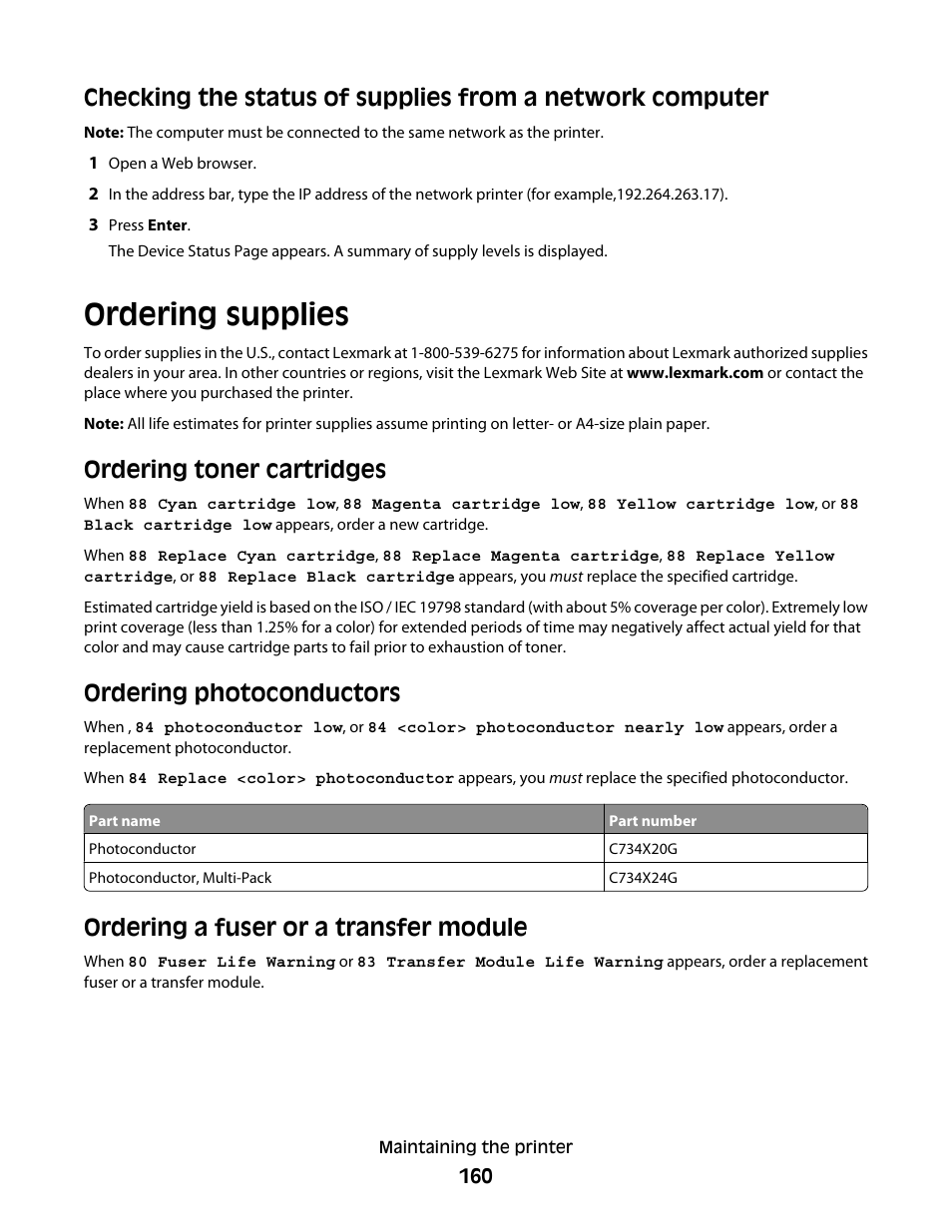 Ordering supplies, Ordering toner cartridges, Ordering photoconductors | Ordering a fuser or a transfer module | Lexmark 280 User Manual | Page 160 / 217