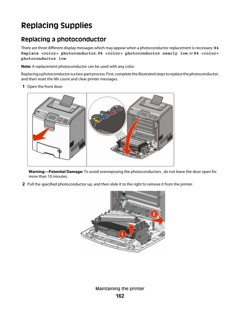 Replacing supplies, Replacing a photoconductor | Lexmark 280 User Manual | Page 162 / 217