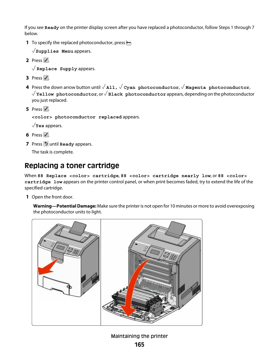 Replacing a toner cartridge | Lexmark 280 User Manual | Page 165 / 217