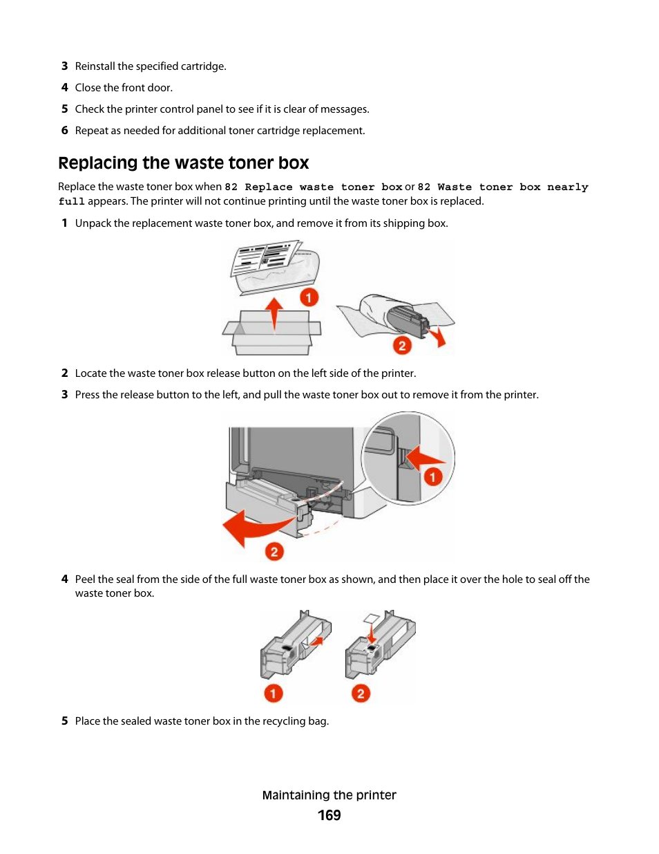 Replacing the waste toner box | Lexmark 280 User Manual | Page 169 / 217