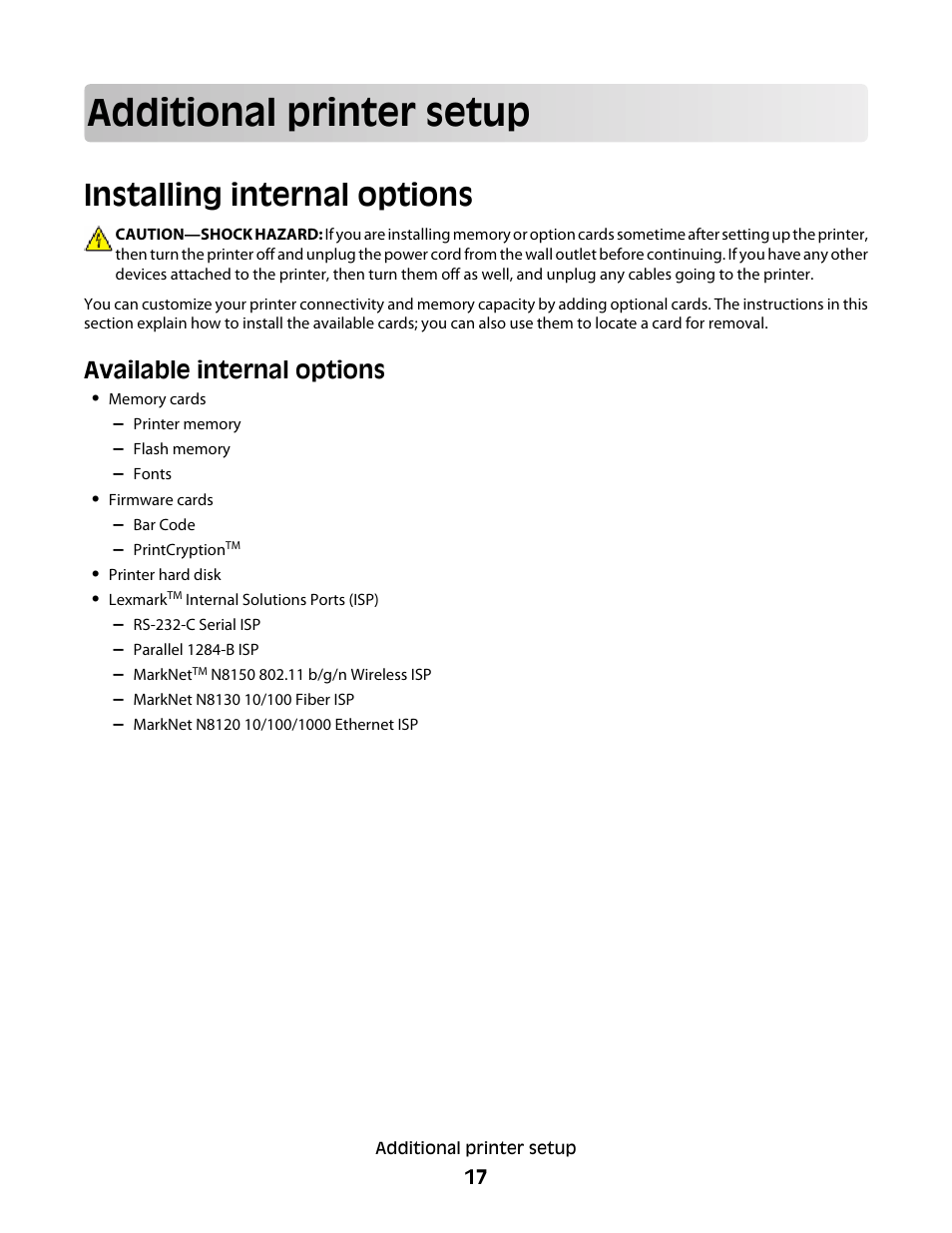 Additional printer setup, Installing internal options, Available internal options | Lexmark 280 User Manual | Page 17 / 217