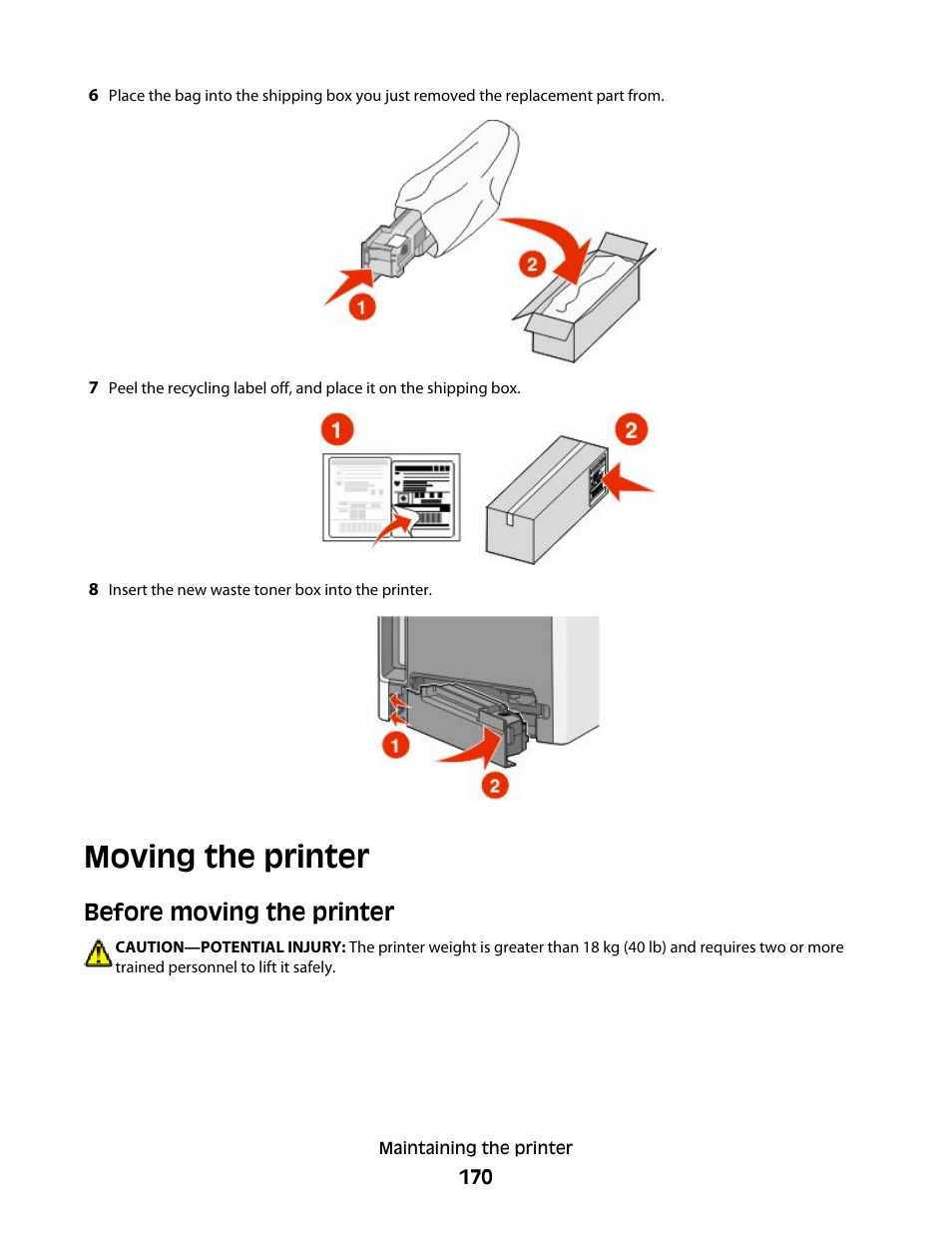 Moving the printer, Before moving the printer | Lexmark 280 User Manual | Page 170 / 217