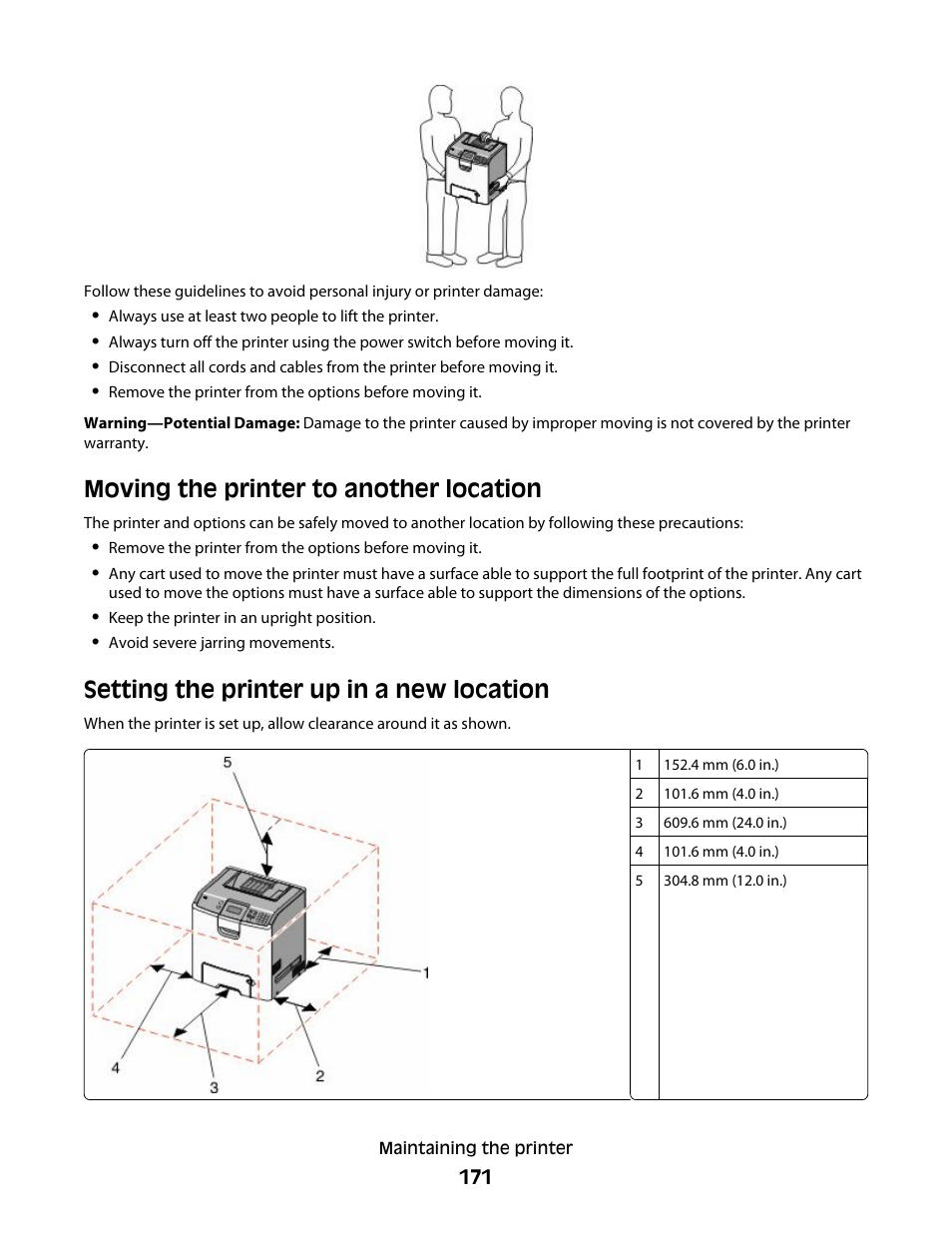 Moving the printer to another location, Setting the printer up in a new location | Lexmark 280 User Manual | Page 171 / 217