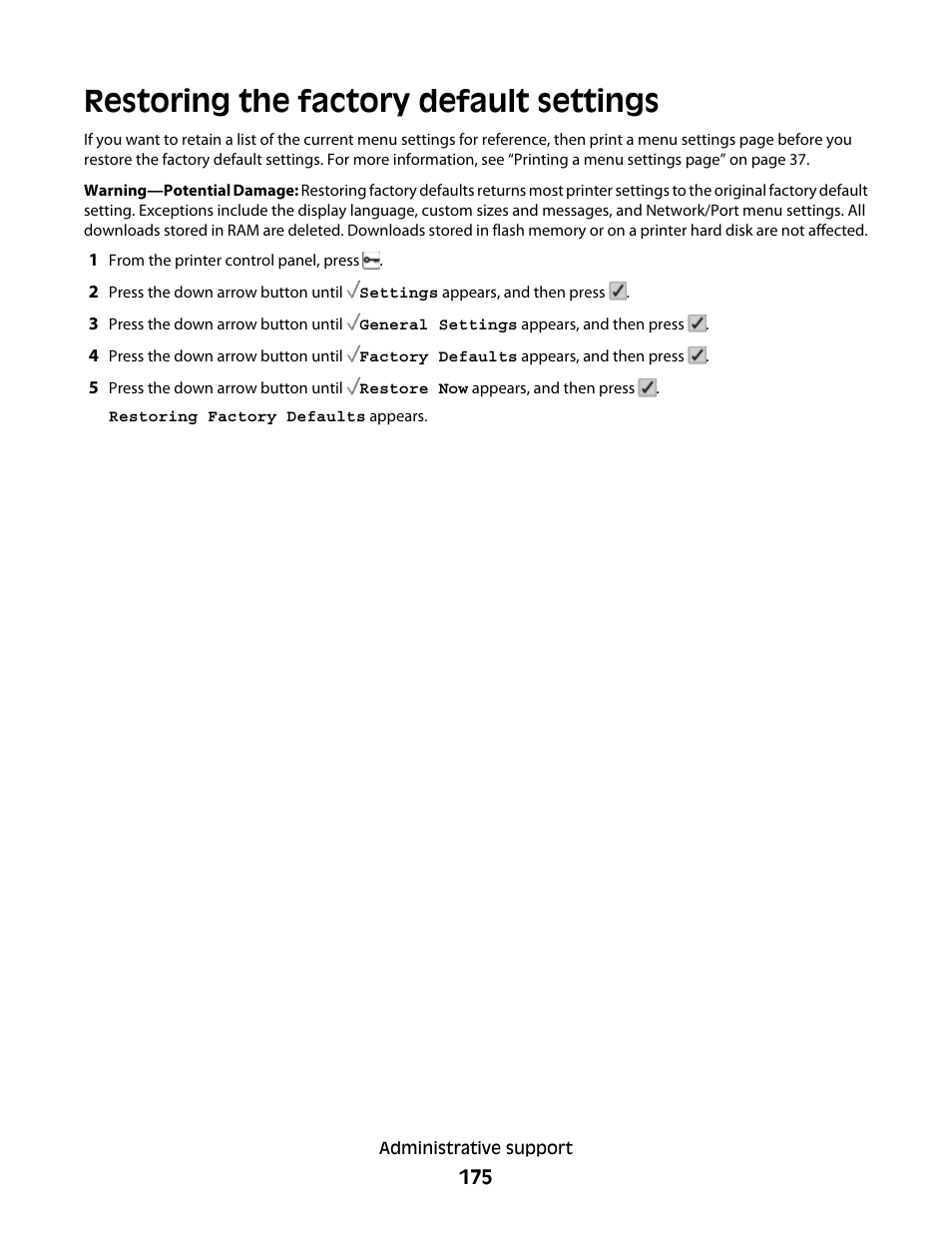 Restoring the factory default settings | Lexmark 280 User Manual | Page 175 / 217