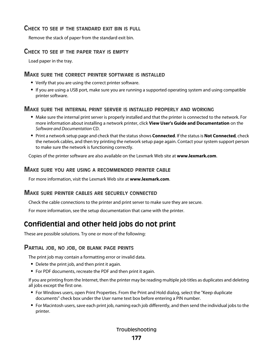 Confidential and other held jobs do not print | Lexmark 280 User Manual | Page 177 / 217