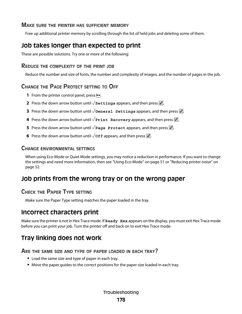 Job takes longer than expected to print, Incorrect characters print, Tray linking does not work | Tray linking does not work a | Lexmark 280 User Manual | Page 178 / 217