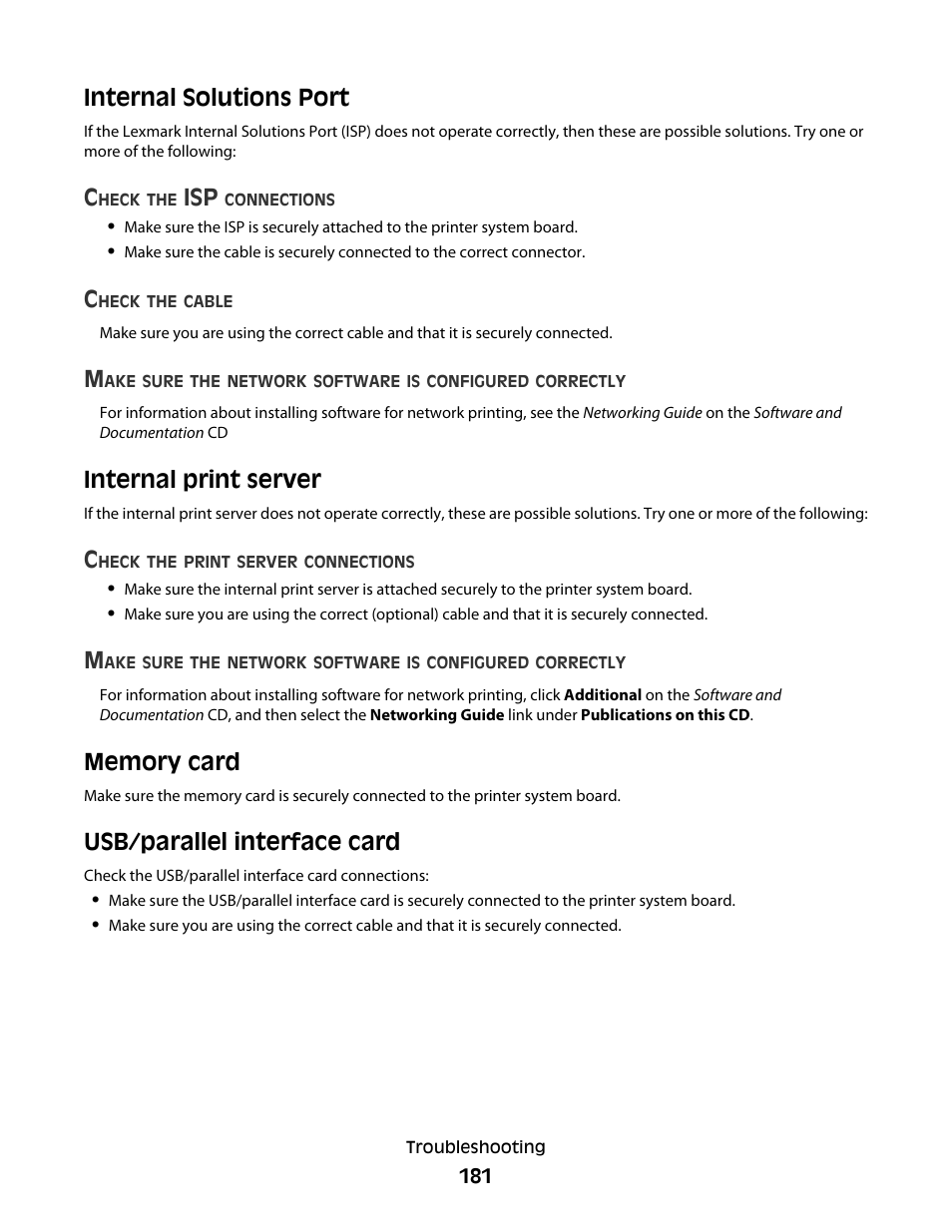 Internal solutions port, Internal print server, Memory card | Usb/parallel interface card | Lexmark 280 User Manual | Page 181 / 217