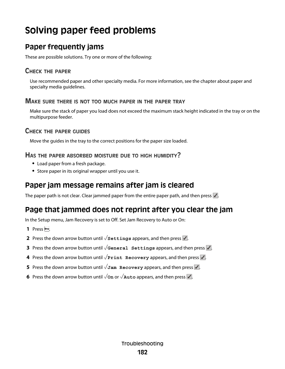 Solving paper feed problems, Paper frequently jams, Paper jam message remains after jam is cleared | Lexmark 280 User Manual | Page 182 / 217